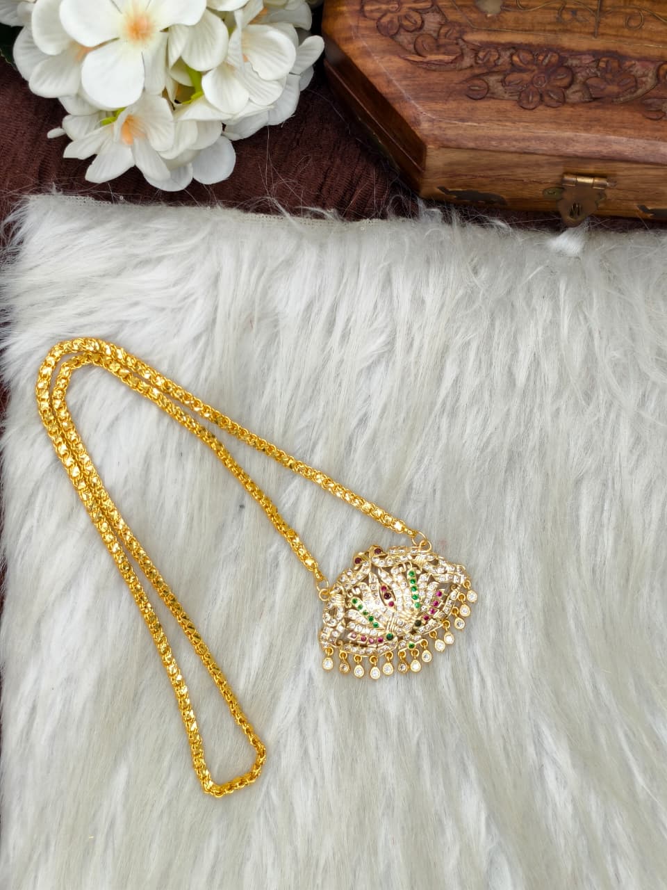 Women Impone Stone Dollar Chain with Gold Plated Finish