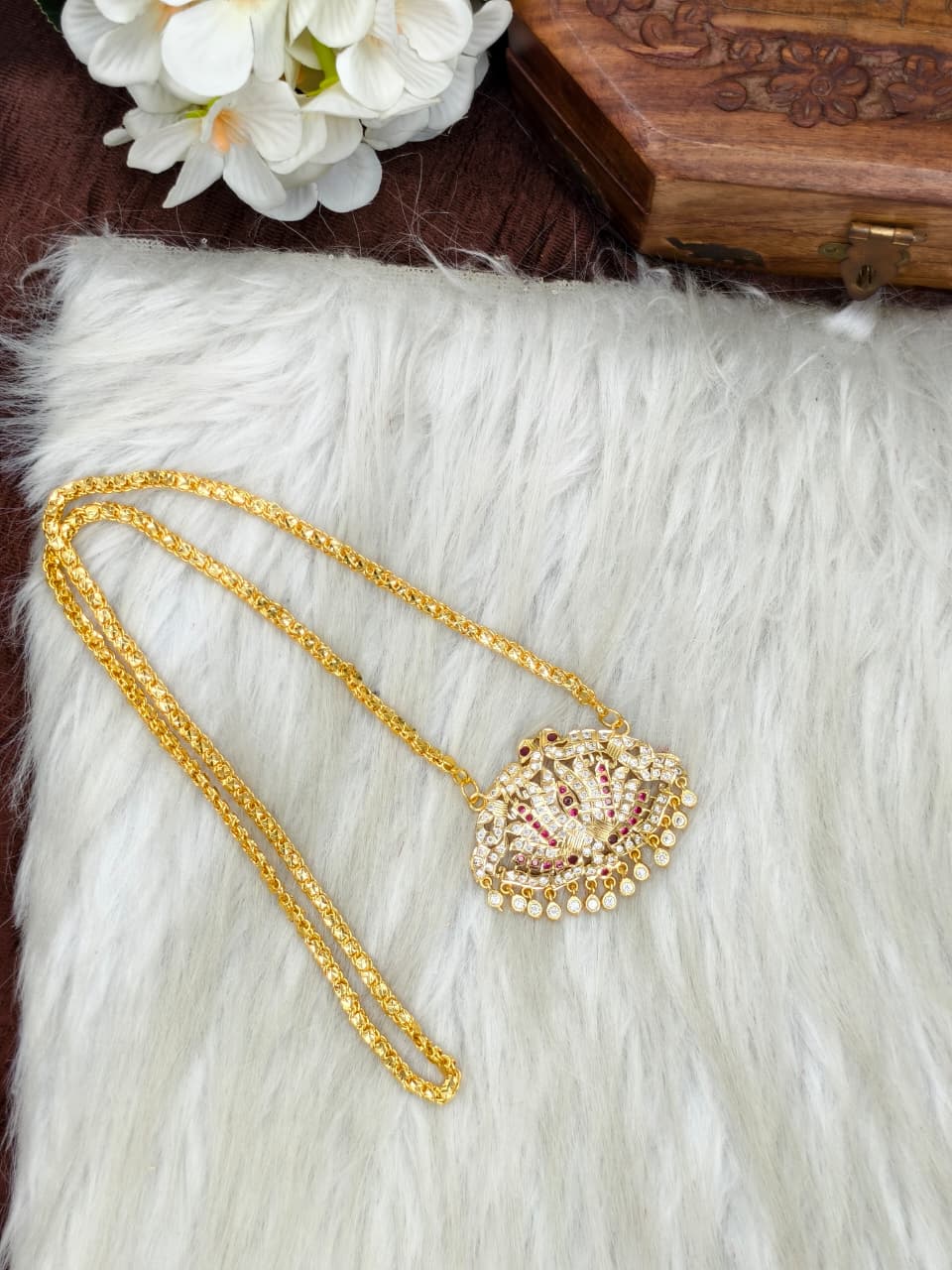 Women Impone Stone Dollar Chain with Gold Plated Finish