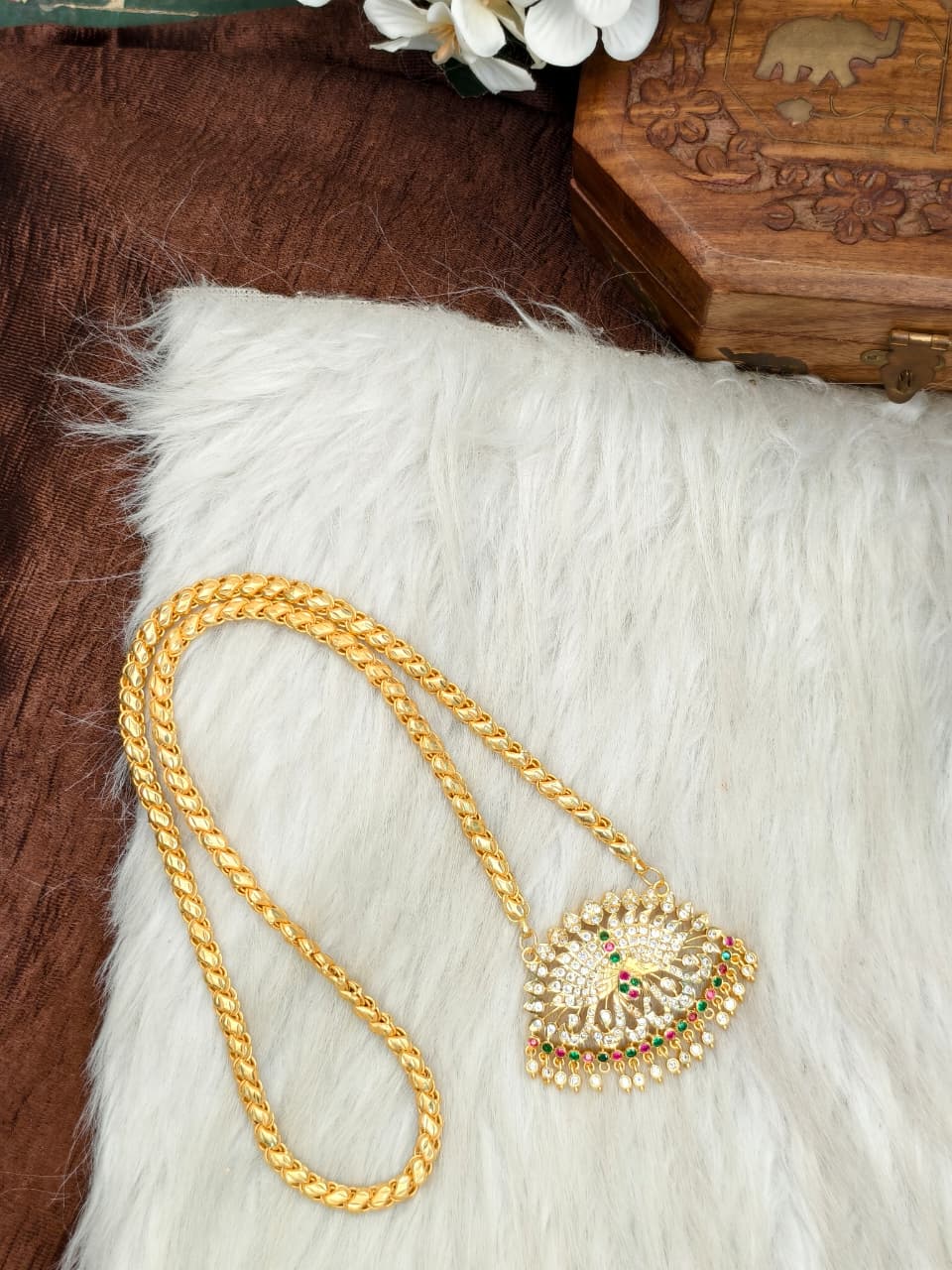 Women Impone Stone Dollar Chain with Gold Plated Finish