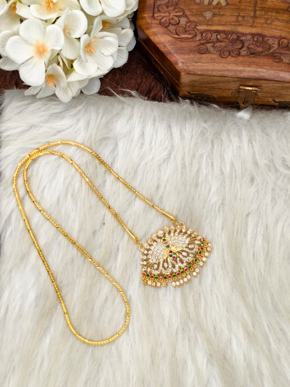 Women Impone Stone Dollar Chain with Gold Plated Finish