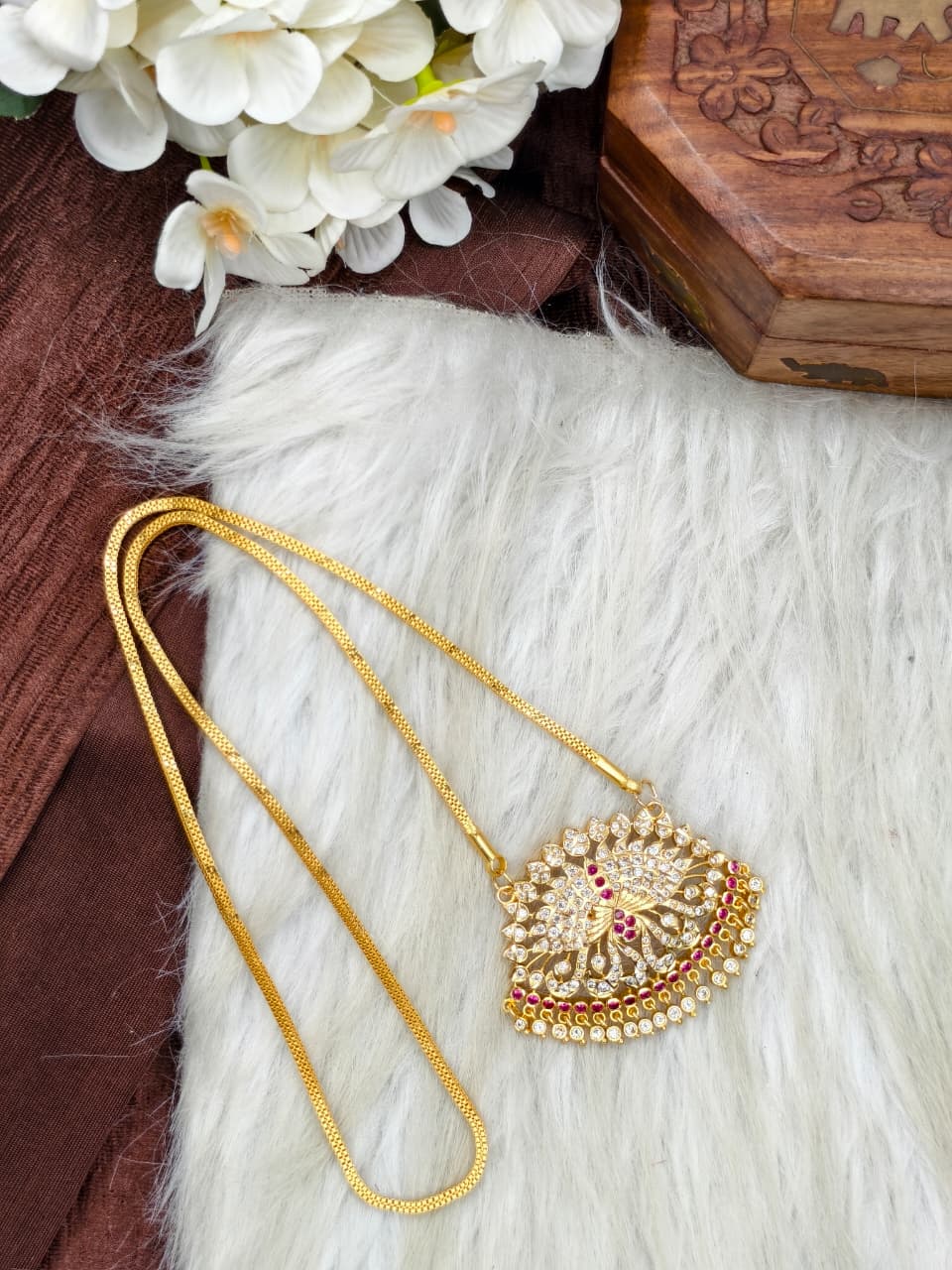 Women Impone Stone Dollar Chain with Gold Plated Finish