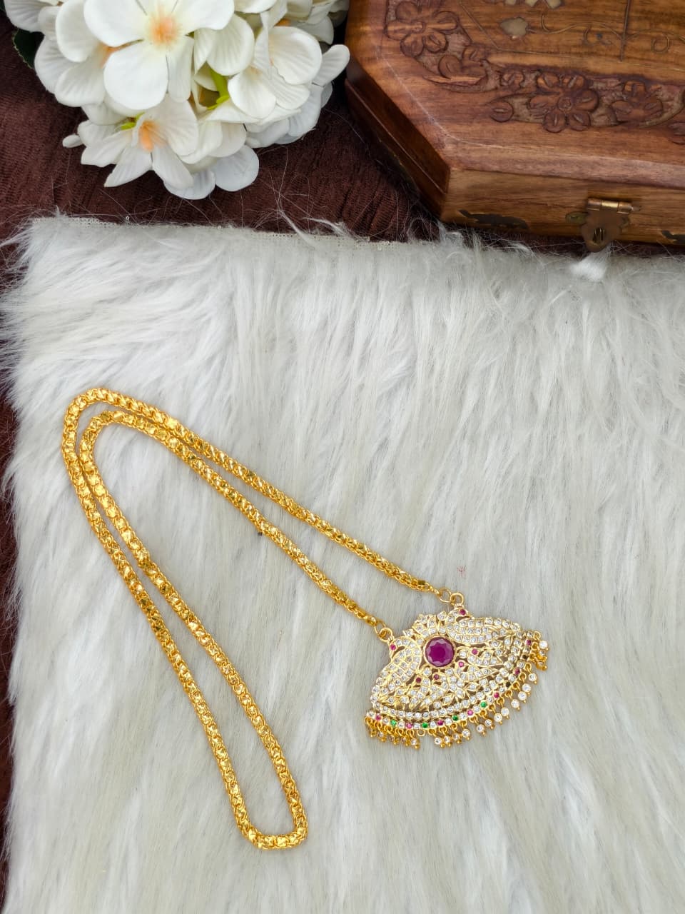 Women Impone Stone Dollar Chain with Gold Plated Finish