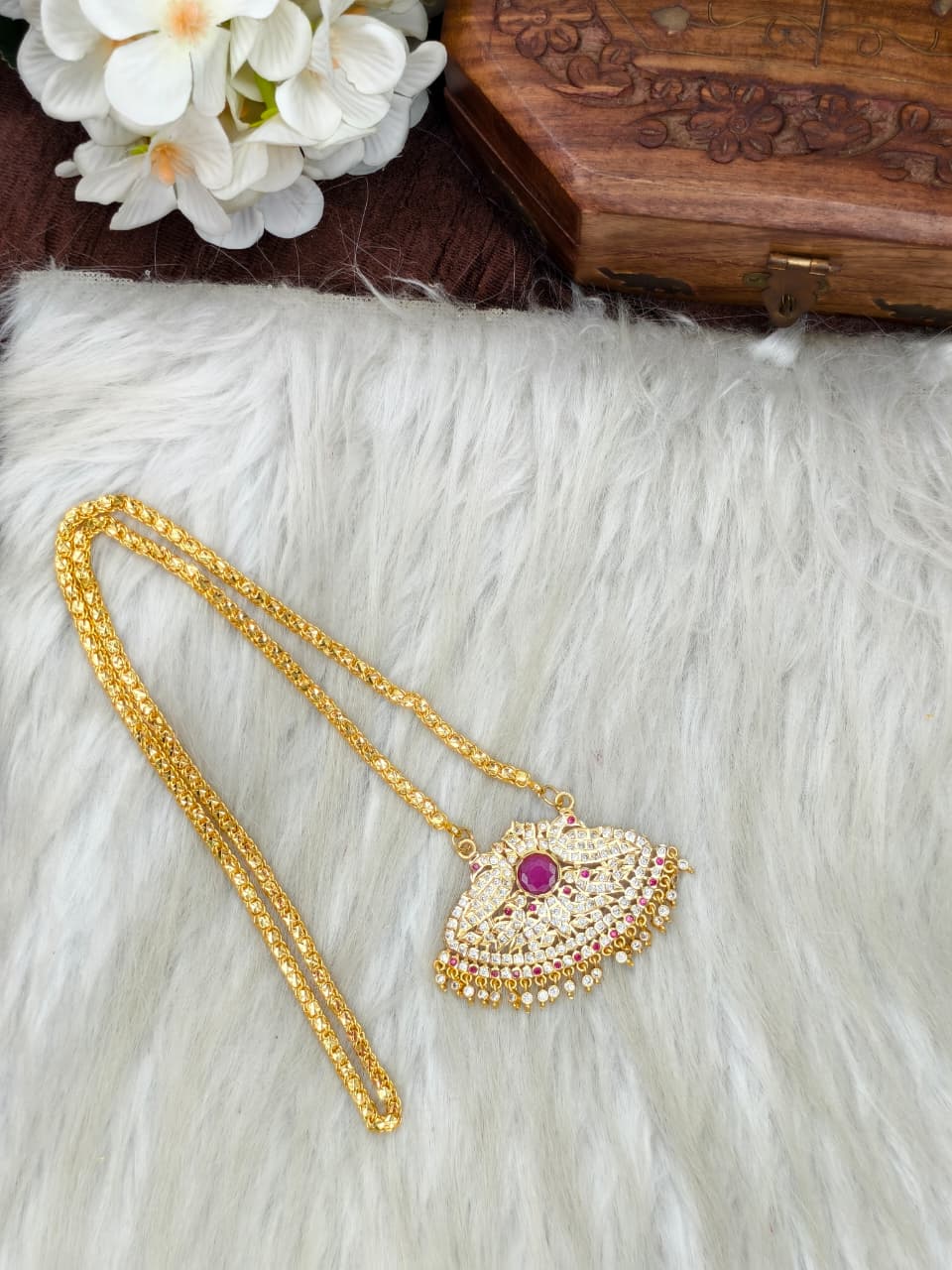 Women Impone Stone Dollar Chain with Gold Plated Finish