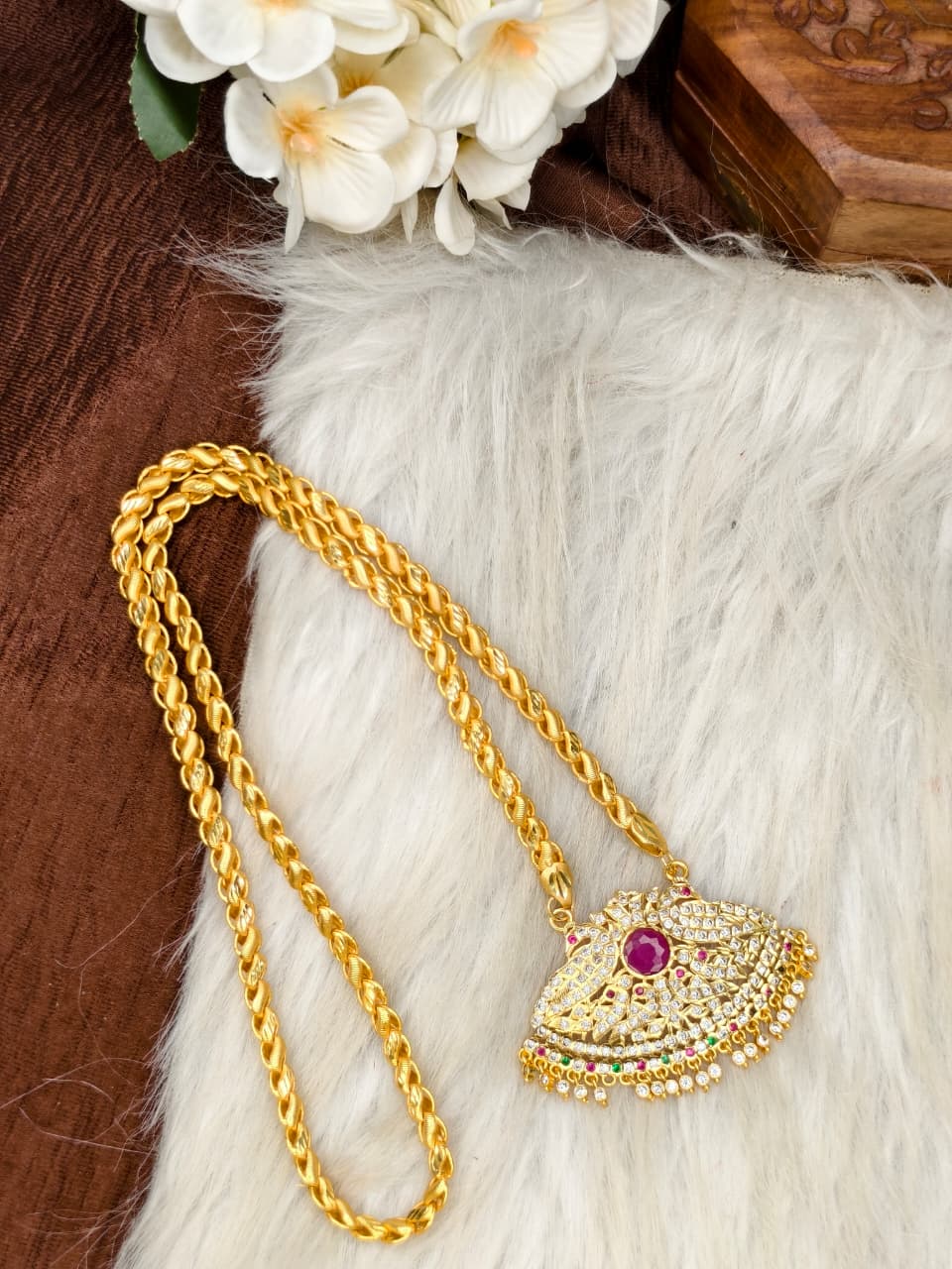 Women Impone Stone Dollar Chain with Gold Plated Finish