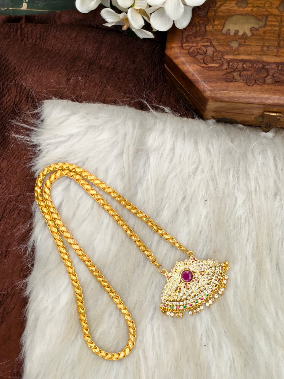 Women Impone Stone Dollar Chain with Gold Plated Finish