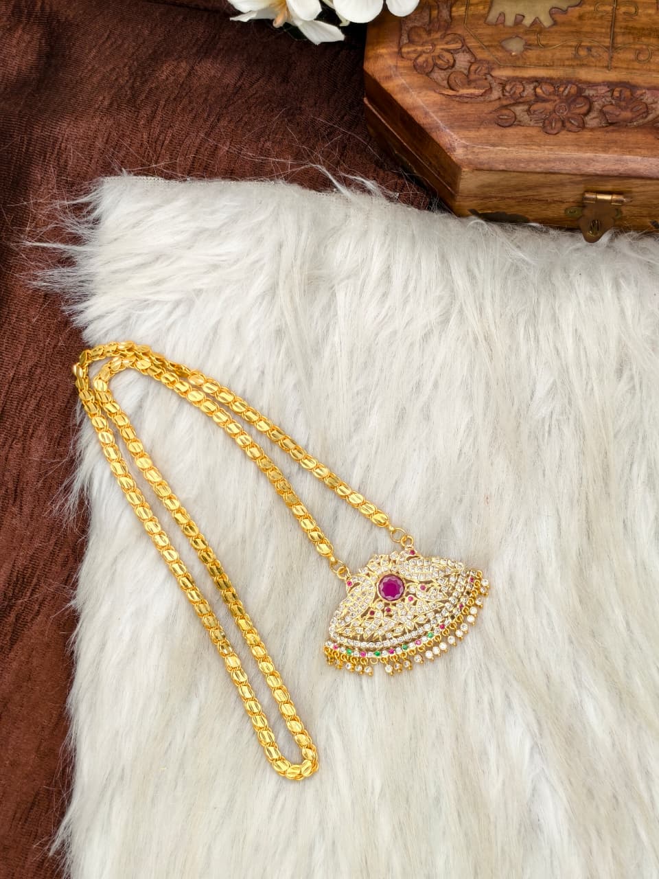 Women Impone Stone Dollar Chain with Gold Plated Finish