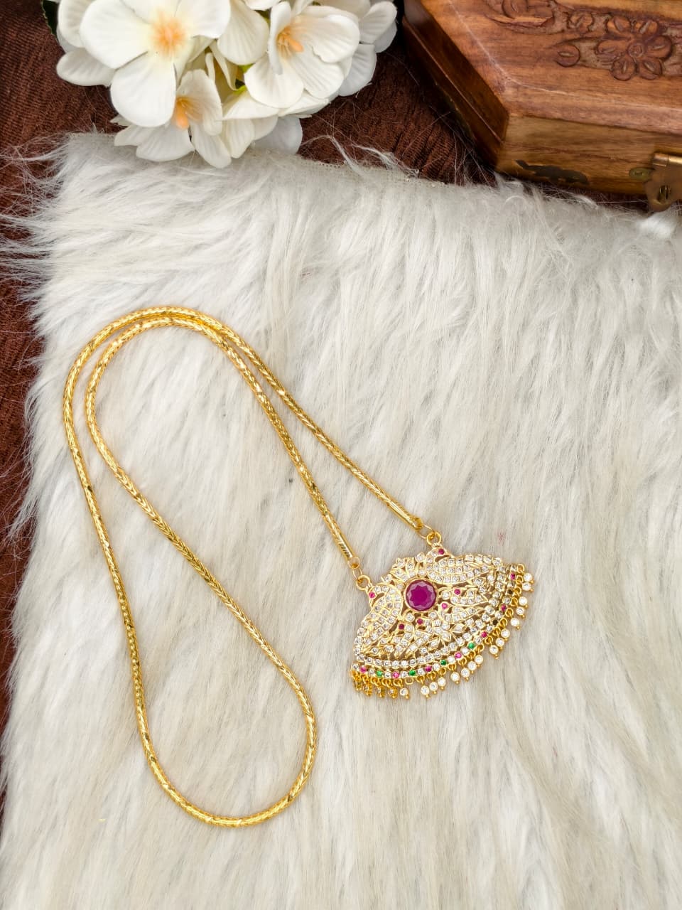 Women Impone Stone Dollar Chain with Gold Plated Finish