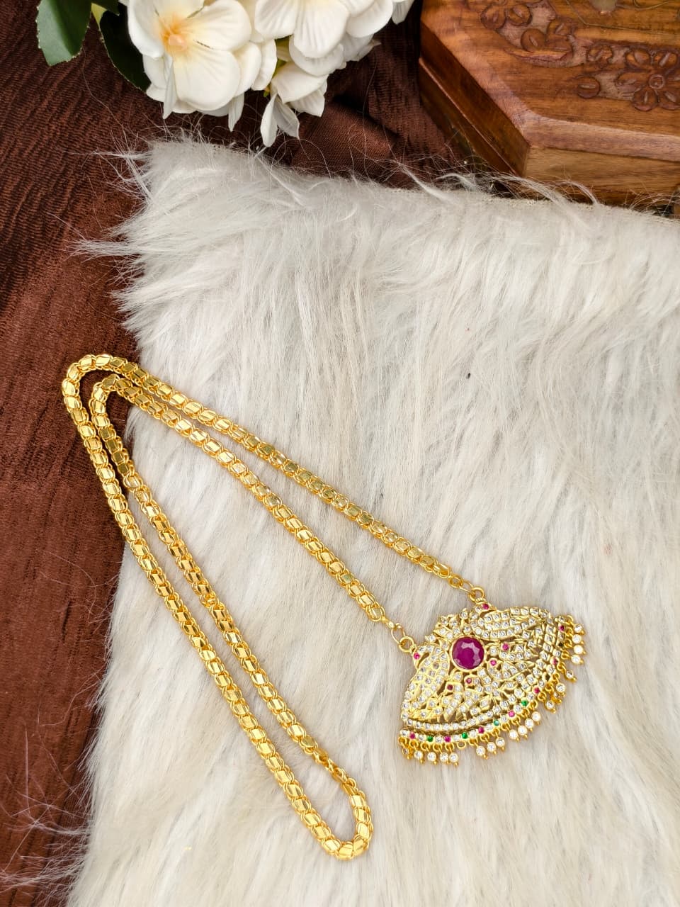 Women Impone Stone Dollar Chain with Gold Plated Finish