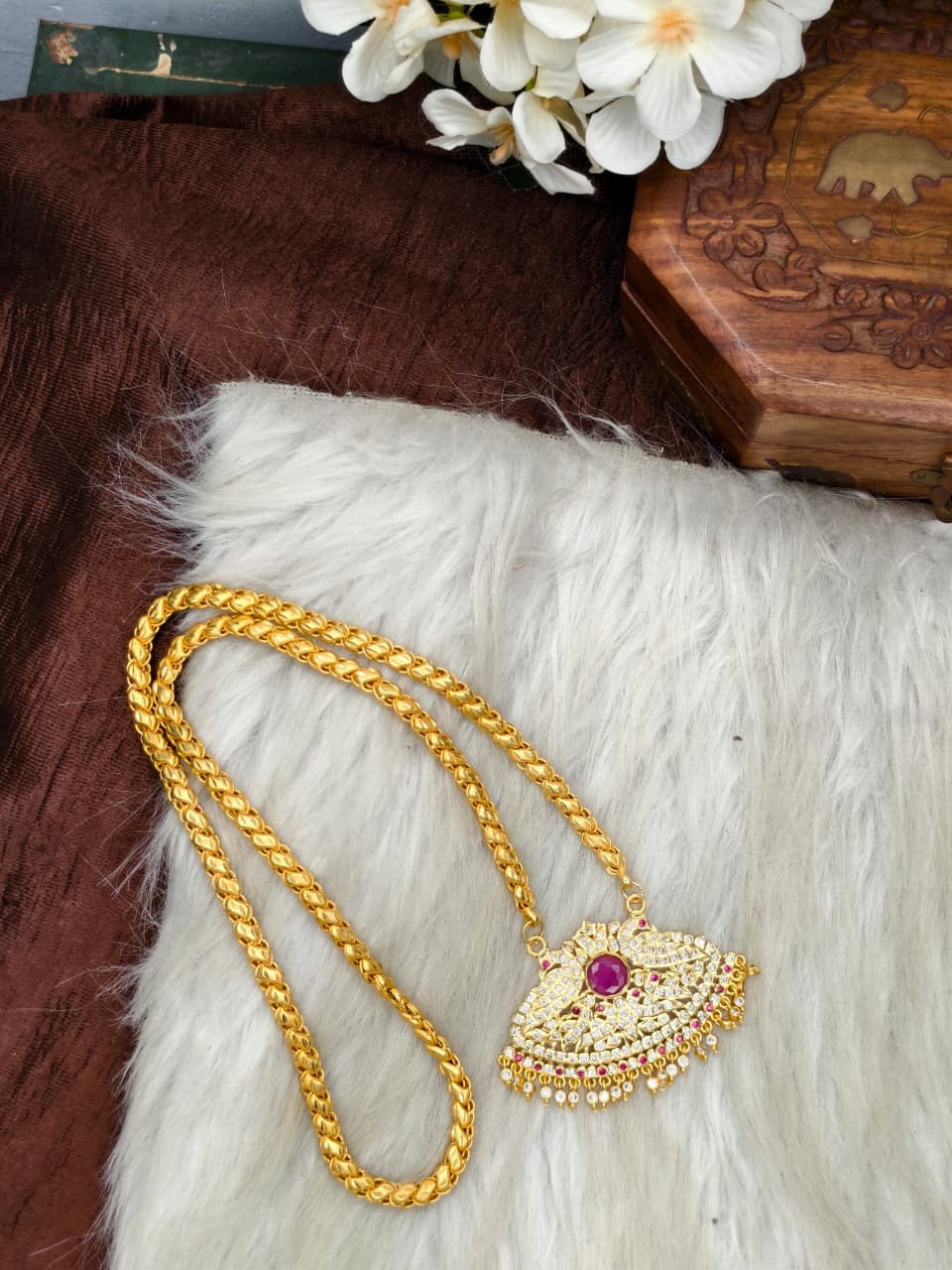Women Impone Stone Dollar Chain with Gold Plated Finish