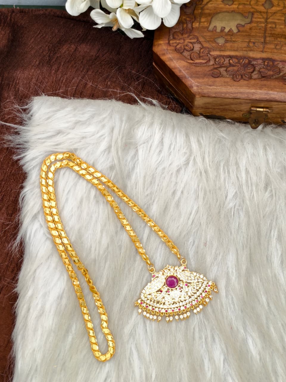 Women Impone Stone Dollar Chain with Gold Plated Finish