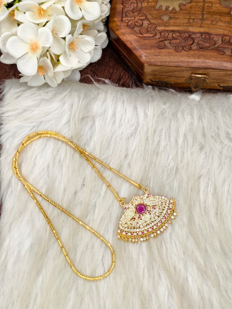 Women Impone Stone Dollar Chain with Gold Plated Finish