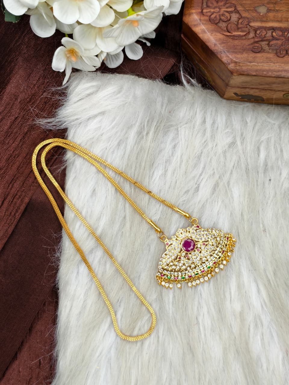 Women Impone Stone Dollar Chain with Gold Plated Finish