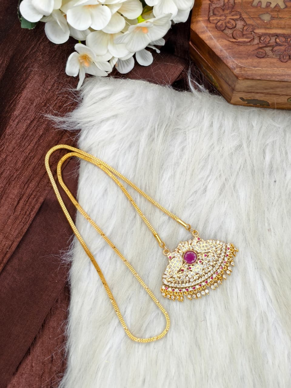 Women Impone Stone Dollar Chain with Gold Plated Finish