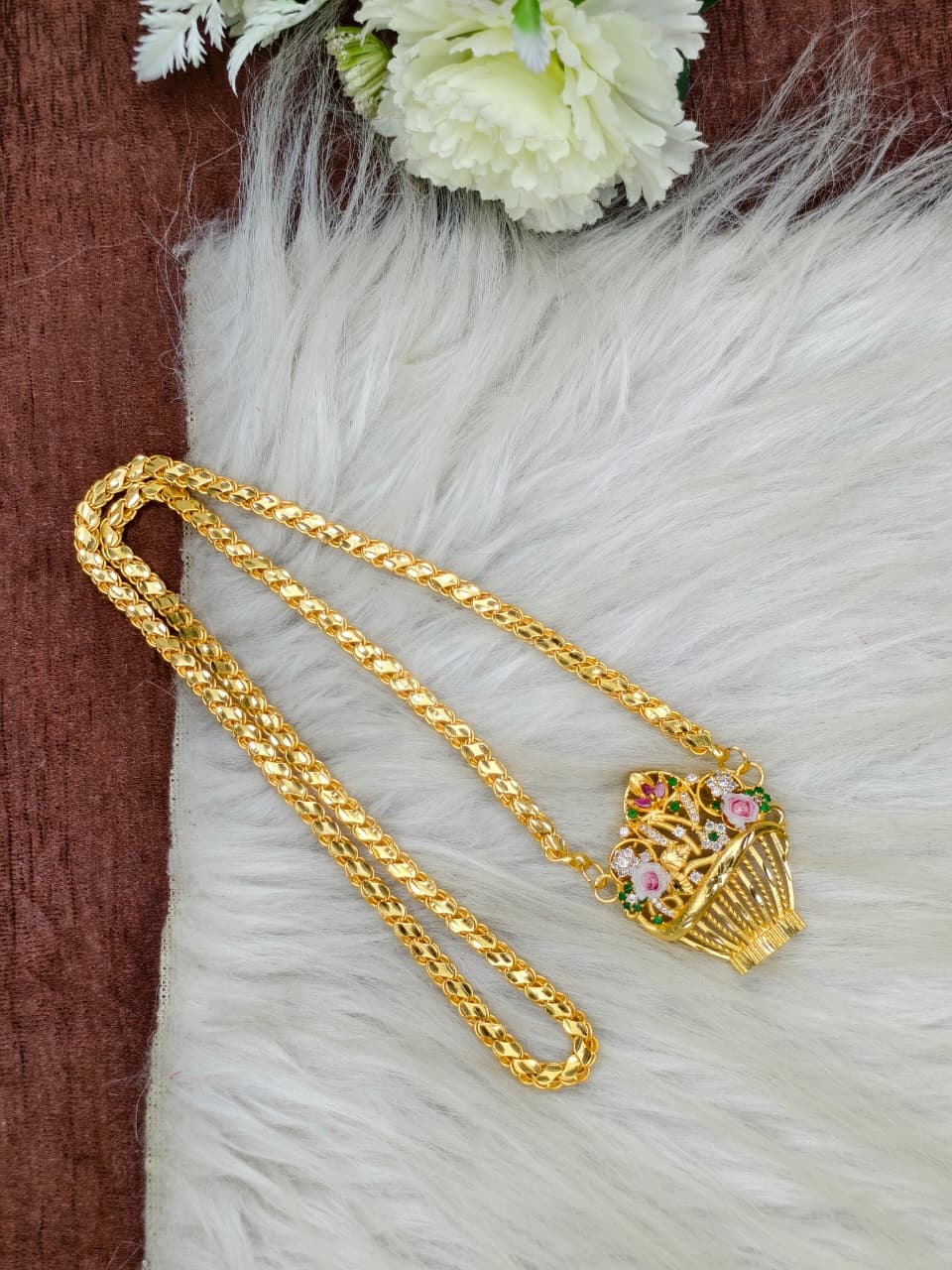Elegant Basket Design Dollar Pendant – 1 Gram Gold Plated Leaf chain Women Fashion Jewellery