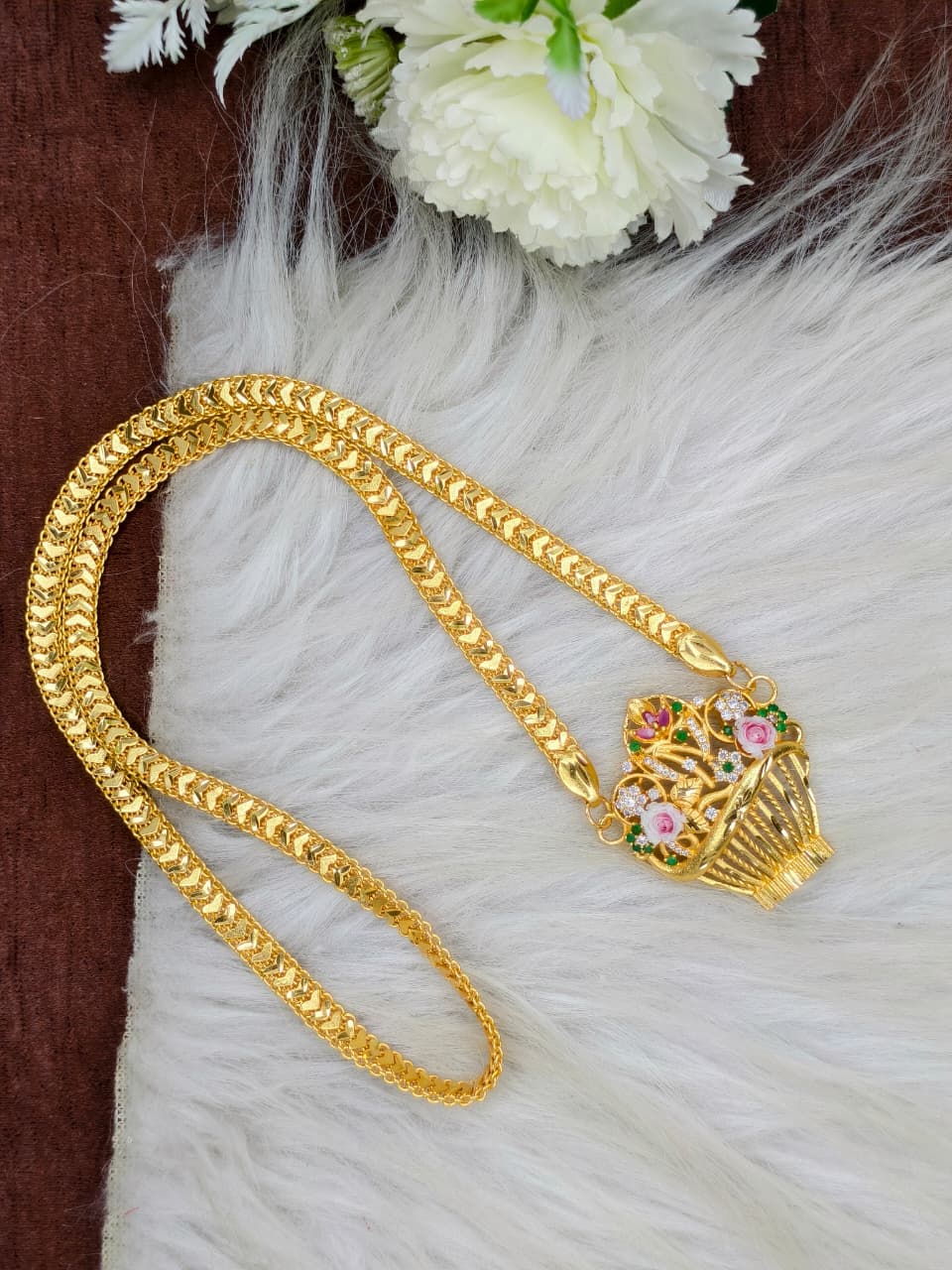 Elegant Basket Design Dollar Pendant – 1 Gram Gold Plated V Patta Chain Women Fashion Jewellery