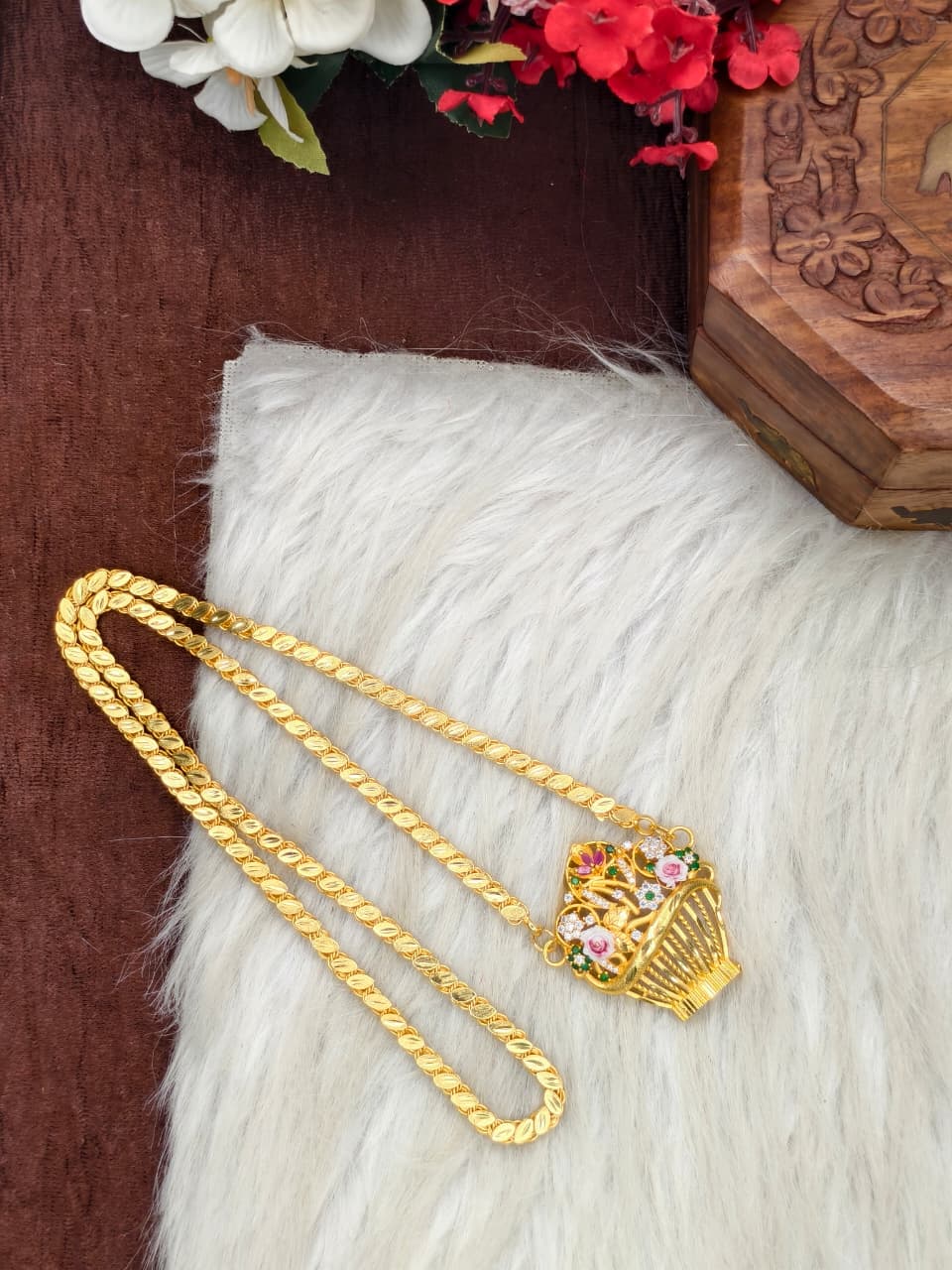 Elegant Basket Design Dollar Pendant – 1 Gram Gold Plated Eye Chain Women Fashion Jewellery