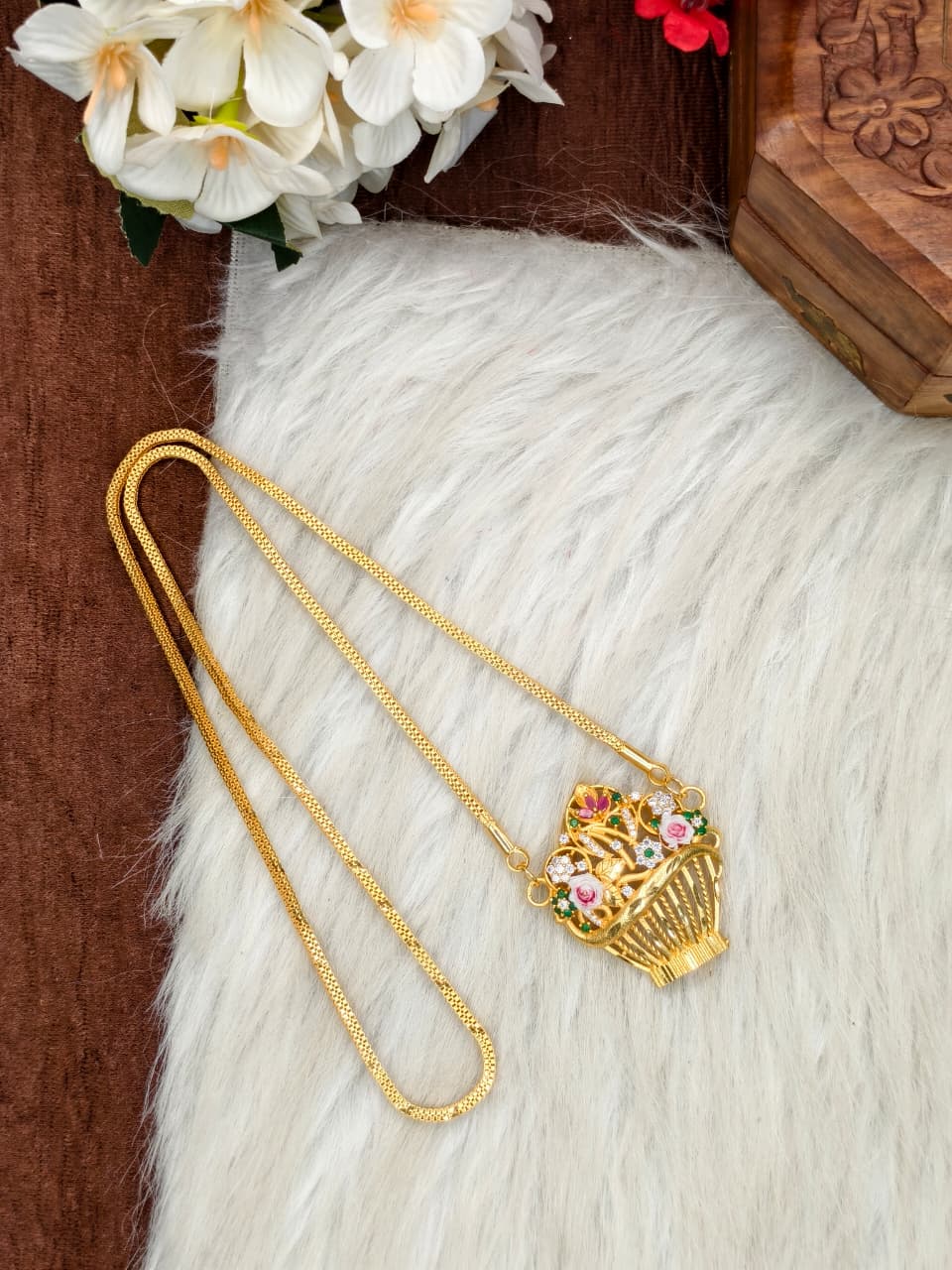 Elegant Basket Design Dollar Pendant – 1 Gram Gold Plated Box Chain Women Fashion Jewellery