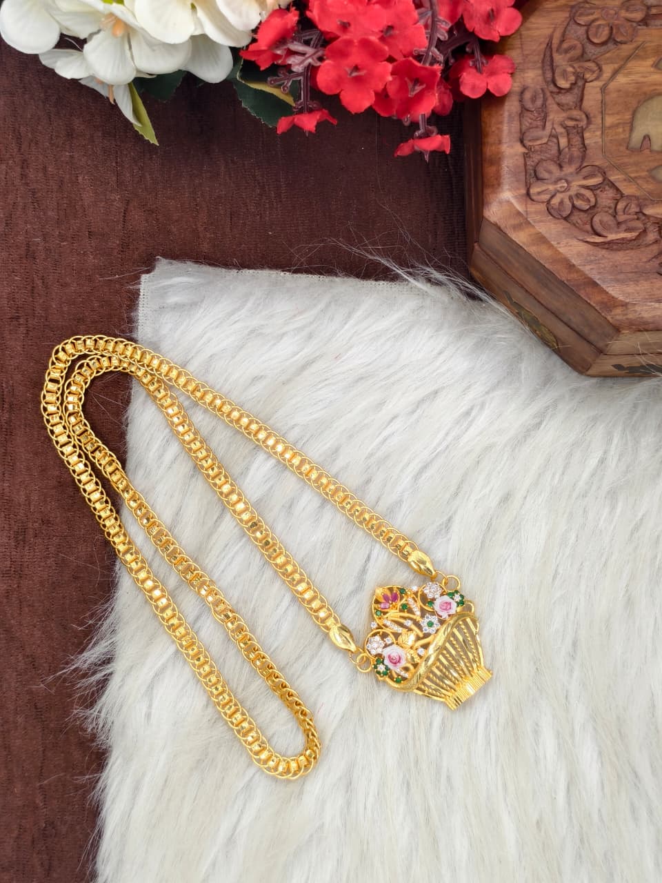 Elegant Basket Design Dollar Pendant – 1 Gram Gold Plated Ring Chain Women Fashion Jewellery