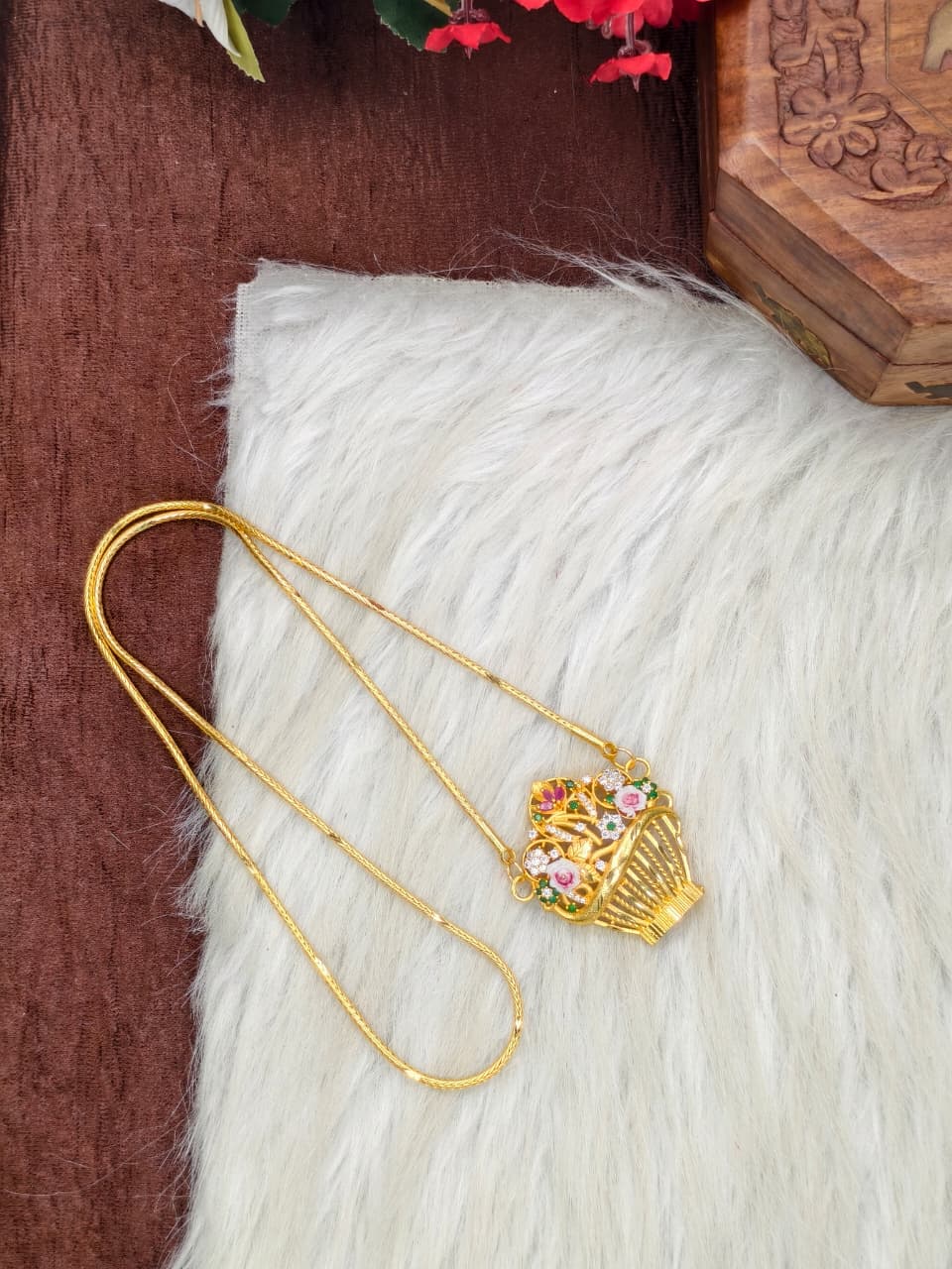 Elegant Basket Design Dollar Pendant – 1 Gram Gold Plated Saradu Chain Women Fashion Jewellery