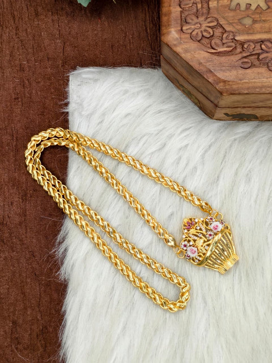 Elegant Basket Design Dollar Pendant – 1 Gram Gold Plated Lotus Chain Women Fashion Jewellery