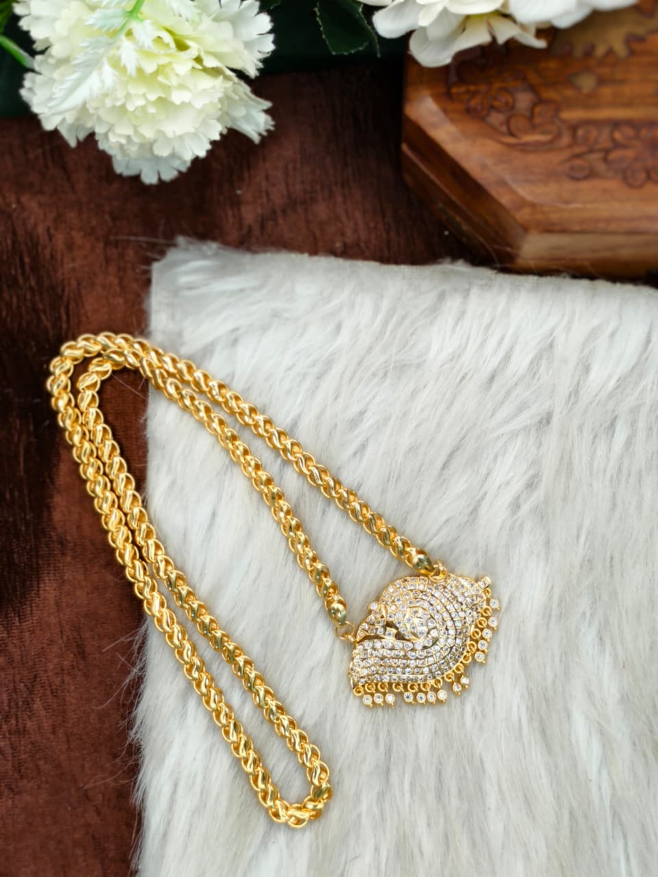 Women Impone Stone Dollar Lotus Chain with Gold Plated Finish
