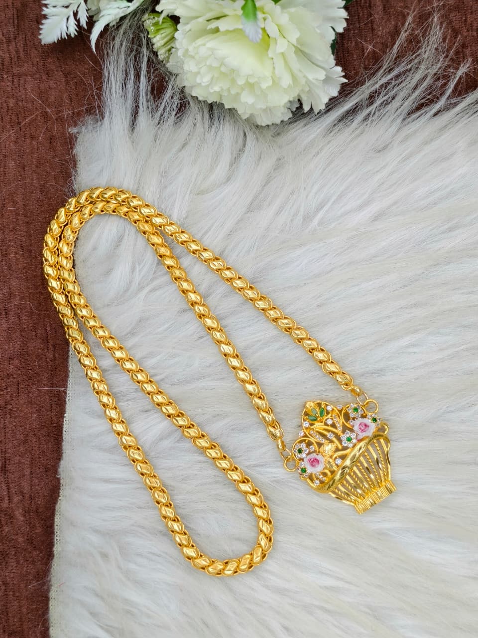 Elegant Basket Design Dollar Pendant – 1 Gram Gold Plated Sundari Chain Women Fashion Jewellery