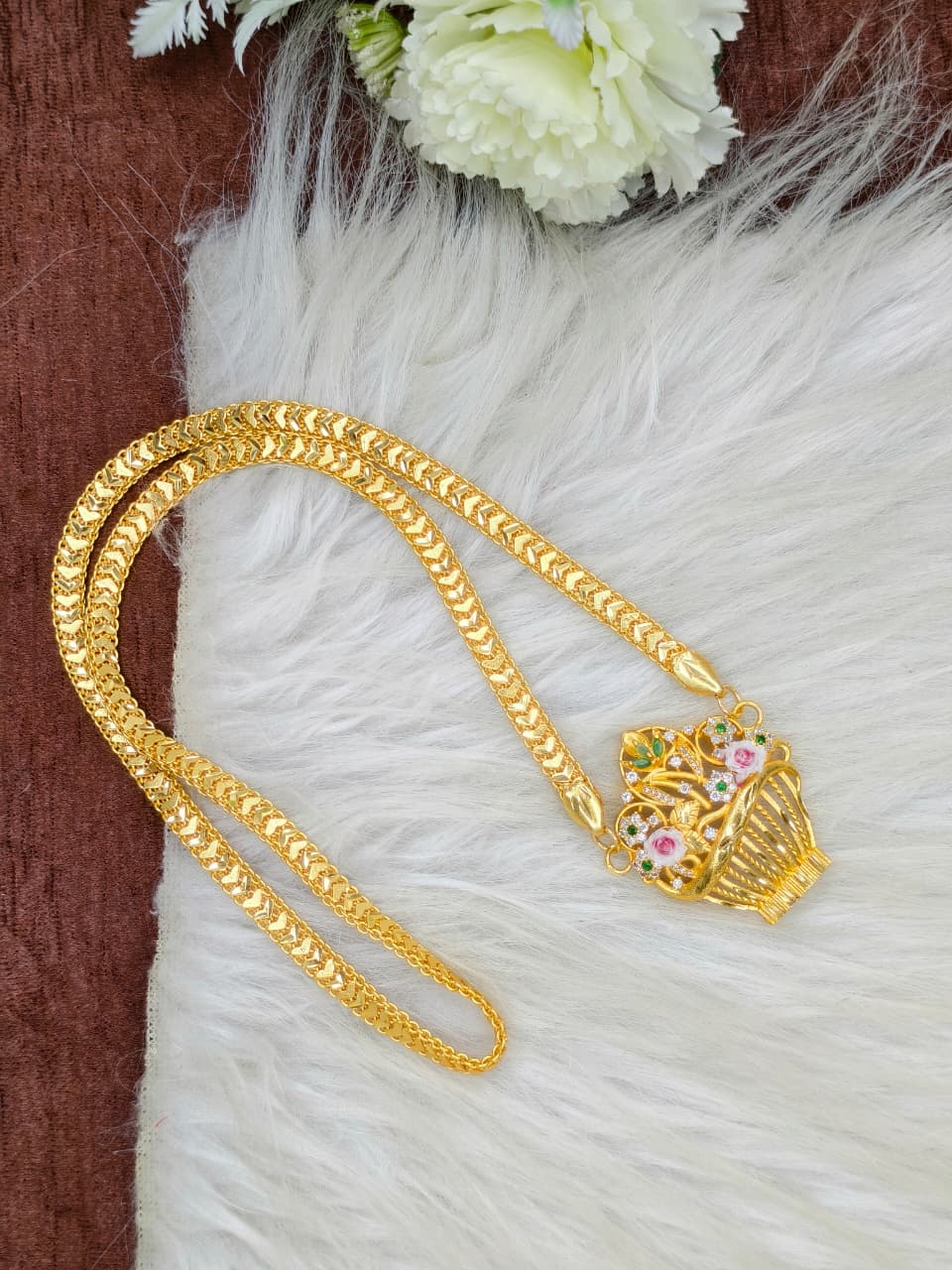 Elegant Basket Design Dollar Pendant – 1 Gram Gold Plated V Patta Chain Women Fashion Jewellery