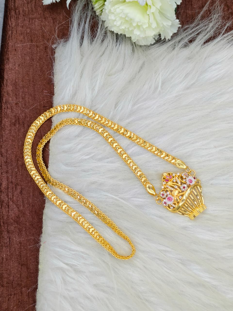 Elegant Basket Design Dollar Pendant – 1 Gram Gold Plated V Patta Chain Women Fashion Jewellery