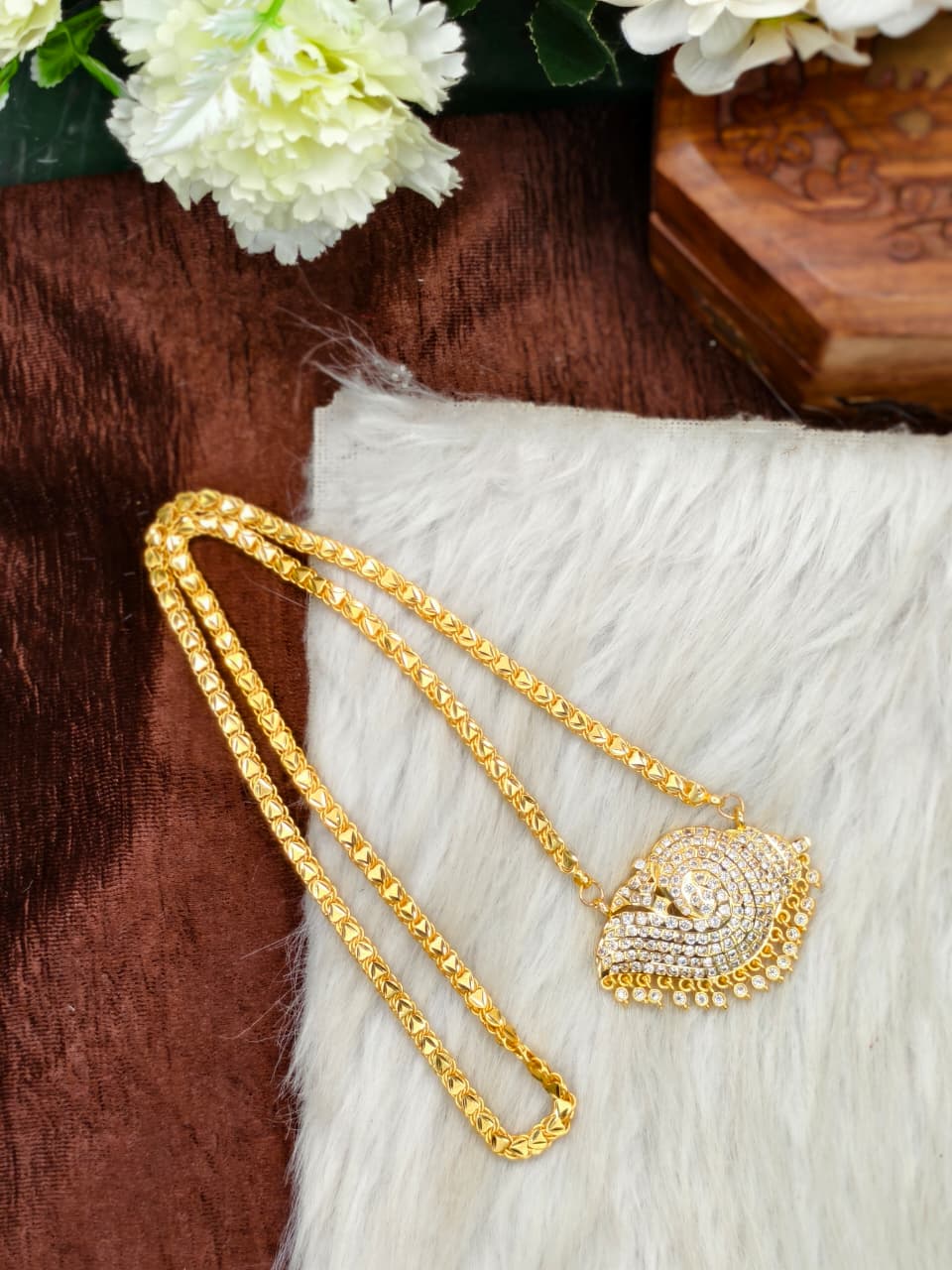 Women Impone Stone Dollar Heart Chain with Gold Plated Finish