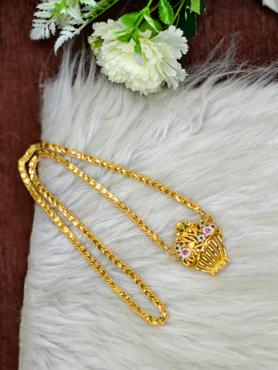 Elegant Basket Design Dollar Pendant – 1 Gram Gold Plated Heart Chain Women Fashion Jewellery